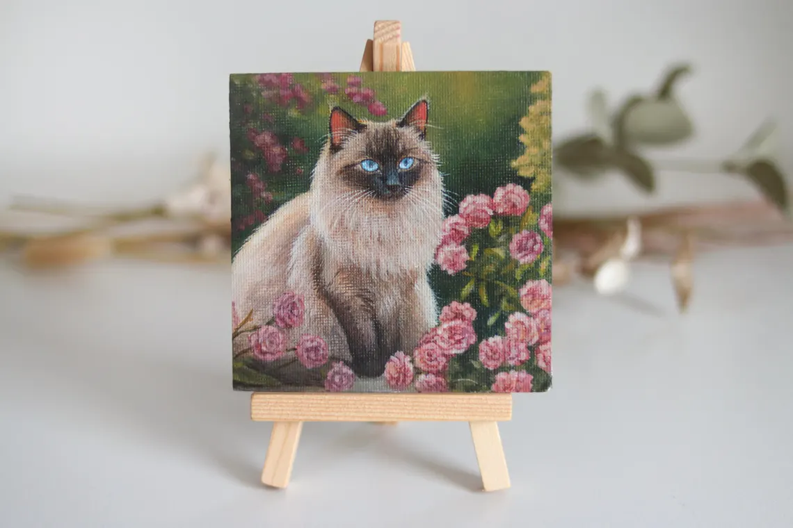 Blue-Eyed Elegance – Miniature Cat Painting, Original Art on Canvas
