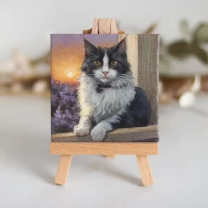 Sunset Watcher – Miniature Cat Painting with Magnet, Original Acrylic Art, Small Animal Decor