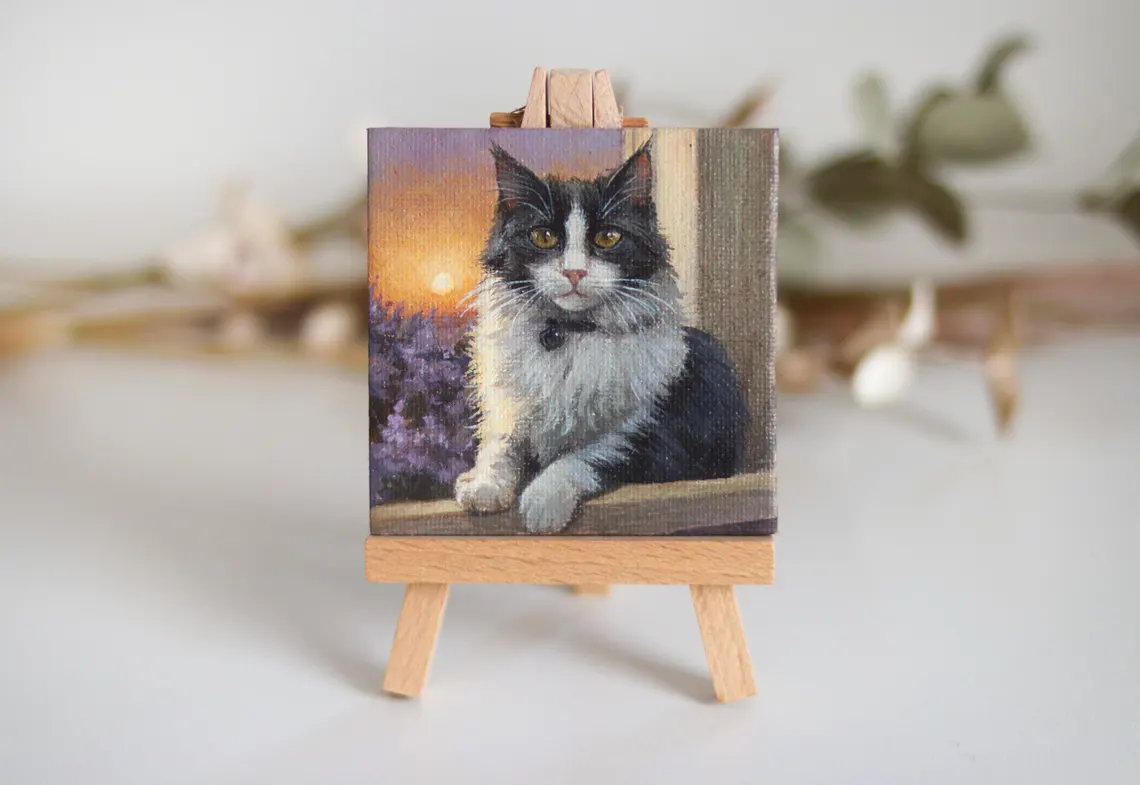 Sunset Watcher – Miniature Cat Painting with Magnet, Original Acrylic Art, Small Animal Decor