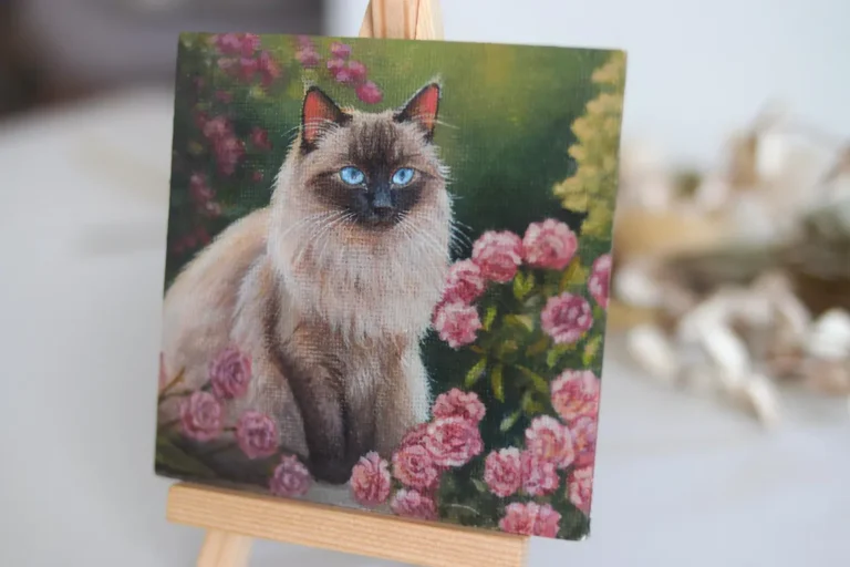 Blue-Eyed Elegance – Miniature Cat Painting, Original Art on Canvas