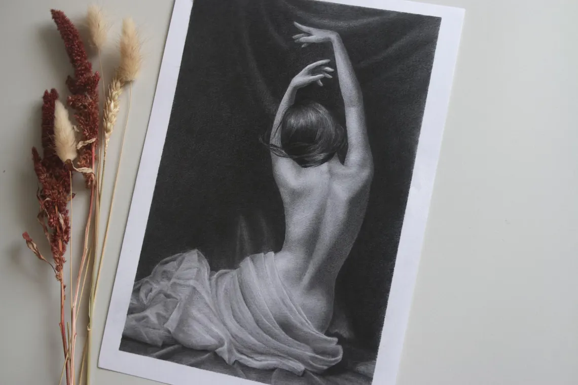 Original Graphite Drawing – Framed A4 Female Back Art