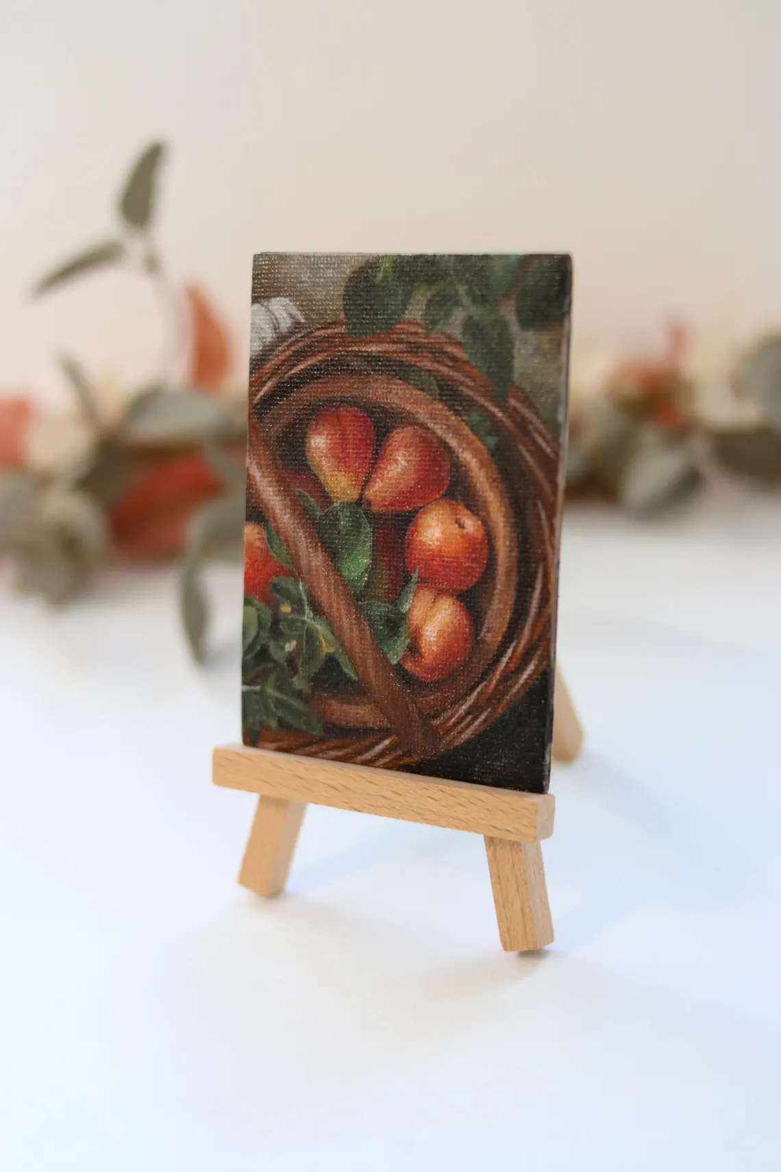 Miniature Pear Basket Painting: Acrylic Still Life, Autumn Decor