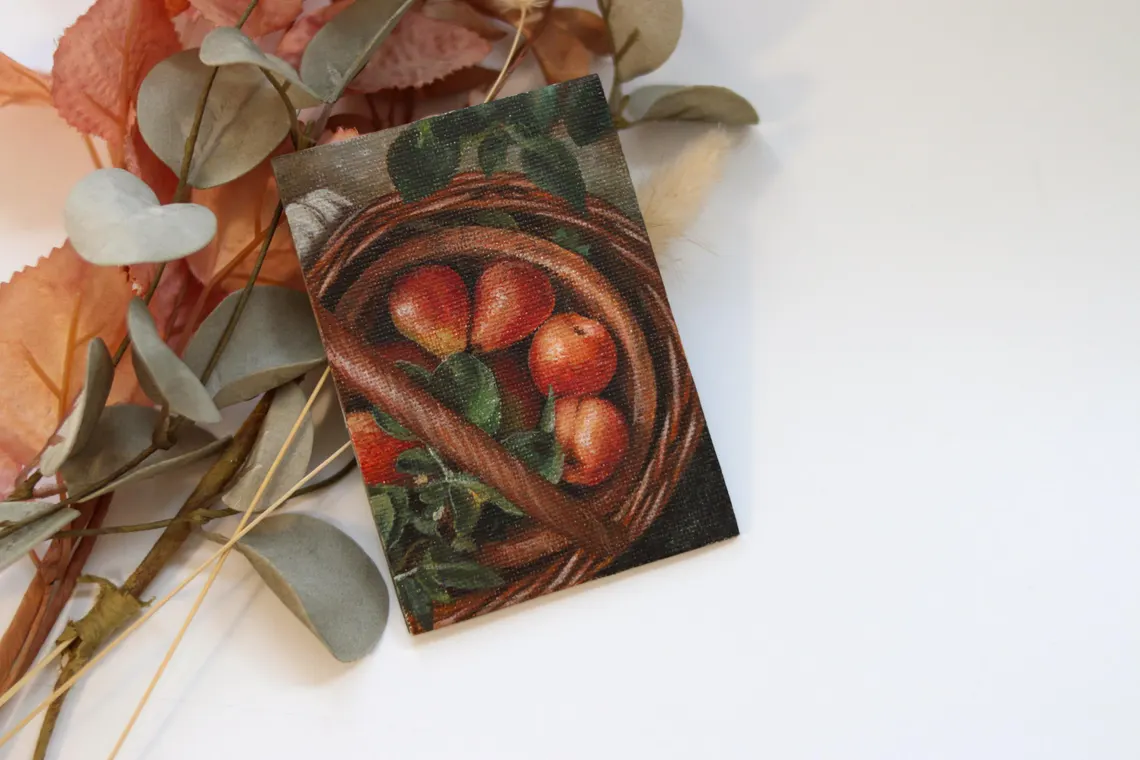 Miniature Pear Basket Painting: Acrylic Still Life, Autumn Decor