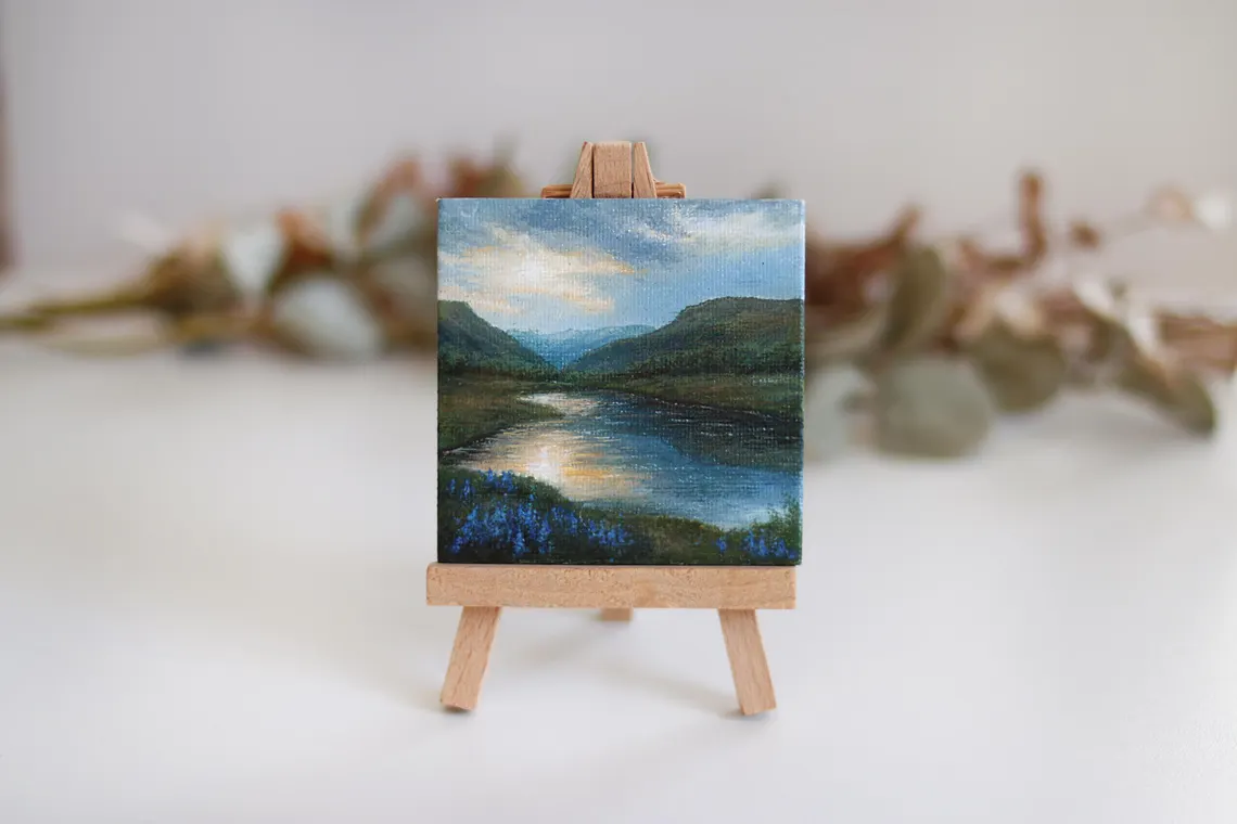 Miniature Mountain River Acrylic Painting with Magnet