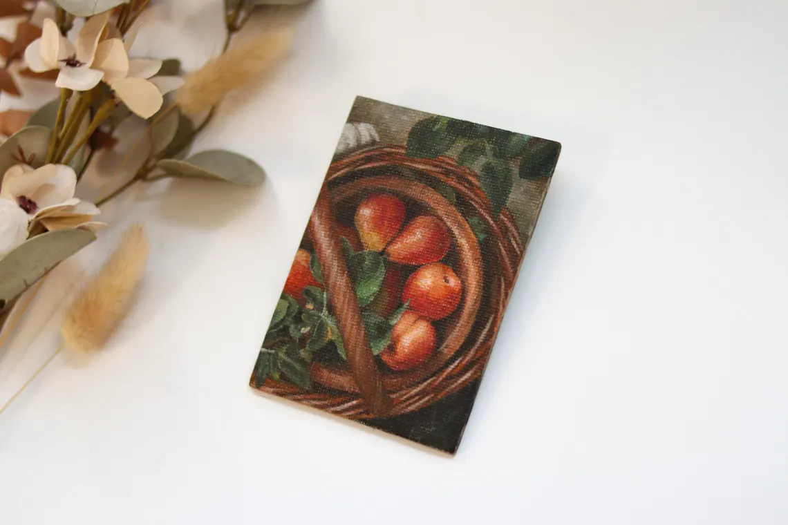 Miniature Pear Basket Painting: Acrylic Still Life, Autumn Decor