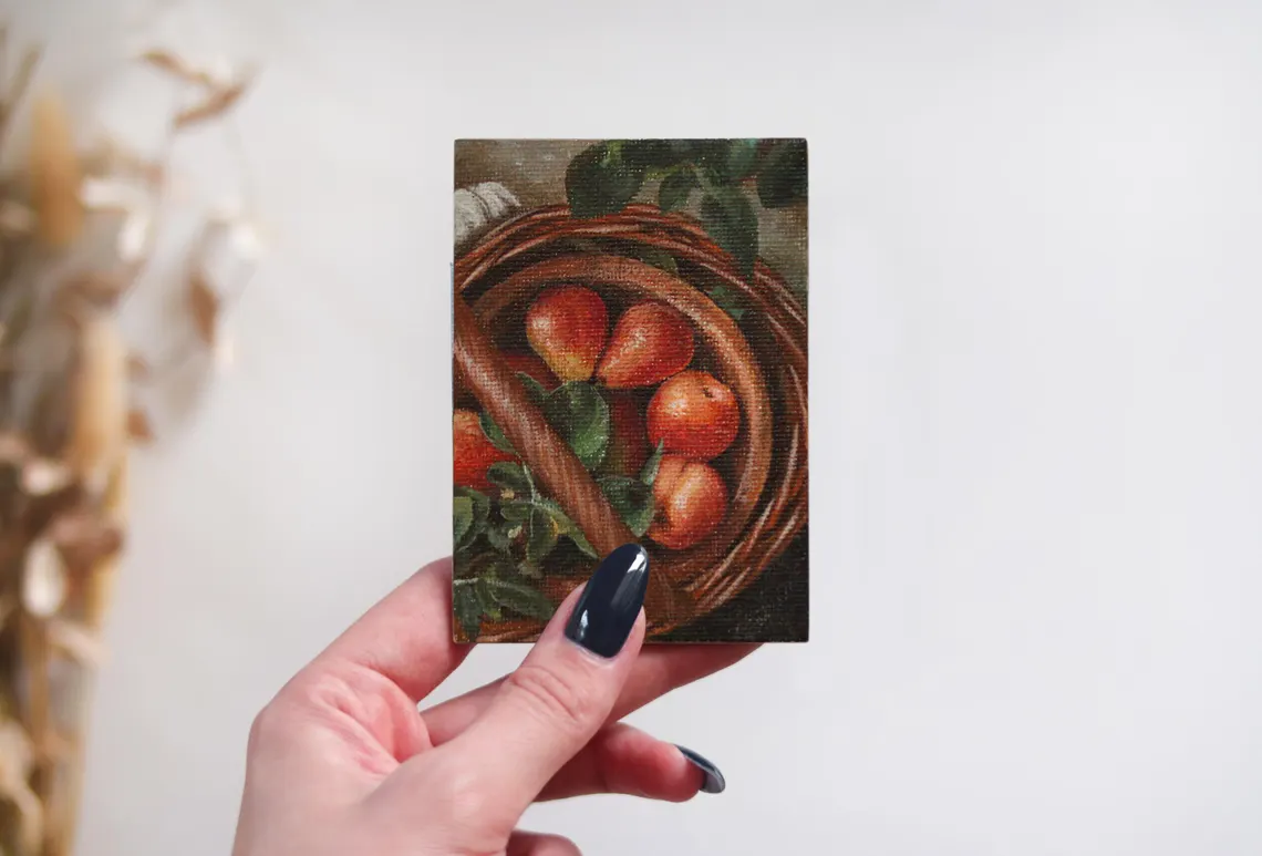 Miniature Pear Basket Painting: Acrylic Still Life, Autumn Decor