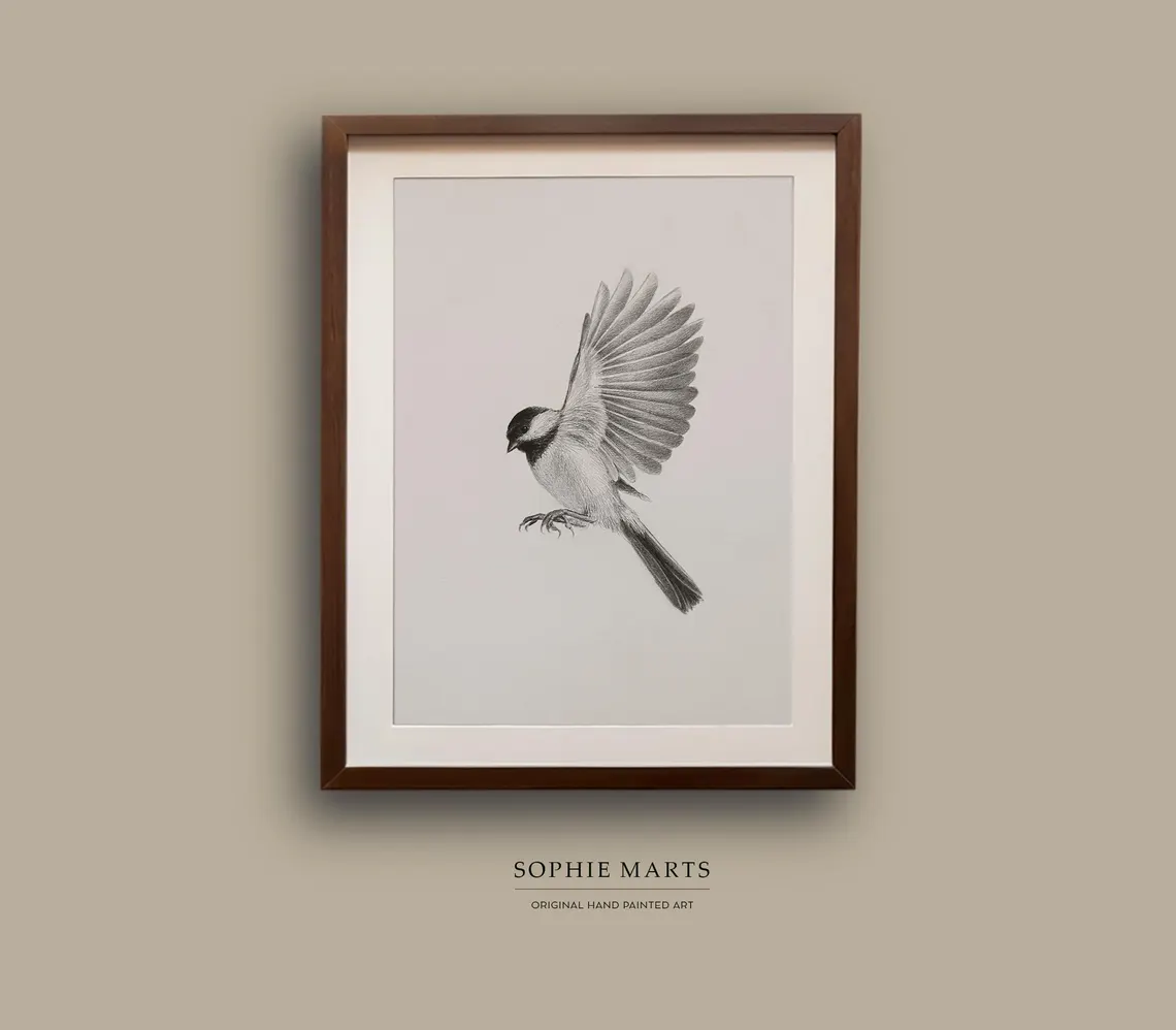 Framed Chickadee Pencil Drawing