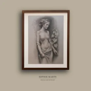 Classical Nude Portrait Drawing – Colored Pencil Art on Toned Paper, Female Figure, Framed Original Artwork