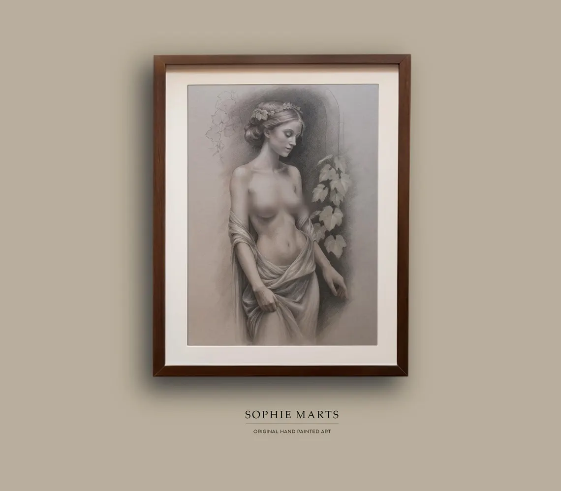 Classical Nude Portrait Drawing – Colored Pencil Art on Toned Paper, Female Figure, Framed Original Artwork