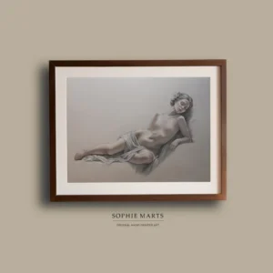 Reclining Muse – Classical Nude Portrait Drawing on Toned Paper, Female Figure, Framed Original Artwork