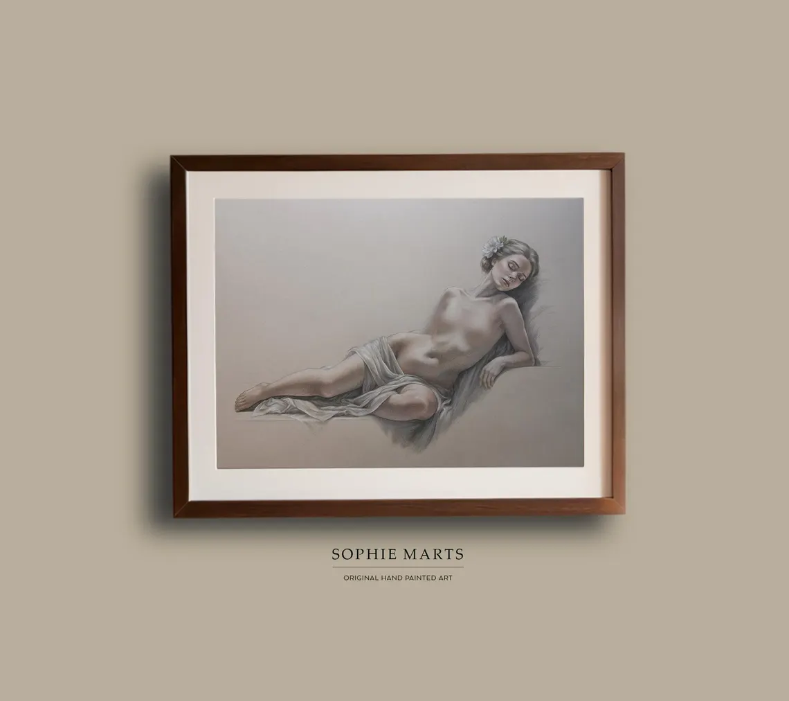 Reclining Muse – Classical Nude Portrait Drawing on Toned Paper, Female Figure, Framed Original Artwork