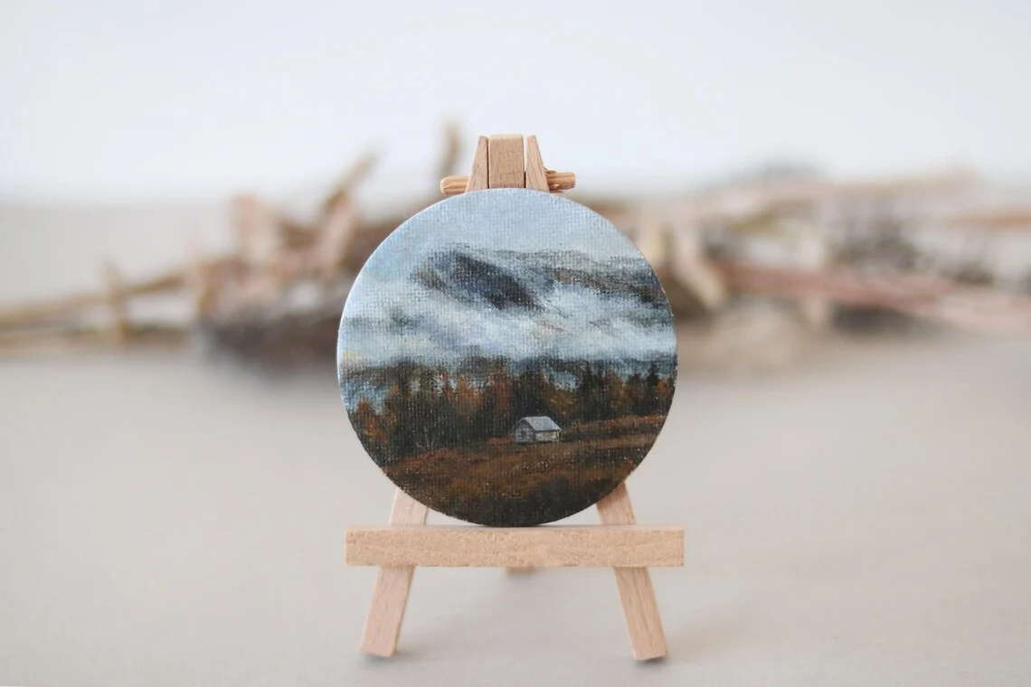 Misty Mountains Acrylic Painting: Original Art Fridge Magnet