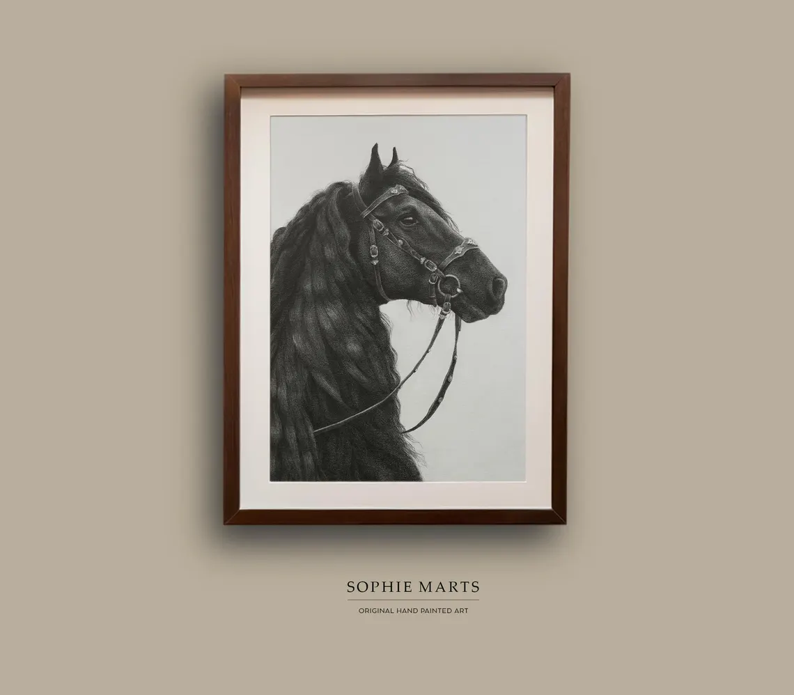Black Friesian Horse Portrait – Original Pencil Drawing on Paper, Realistic Graphite Art, Equestrian Wall Decor, Framed Horse Artwork A4