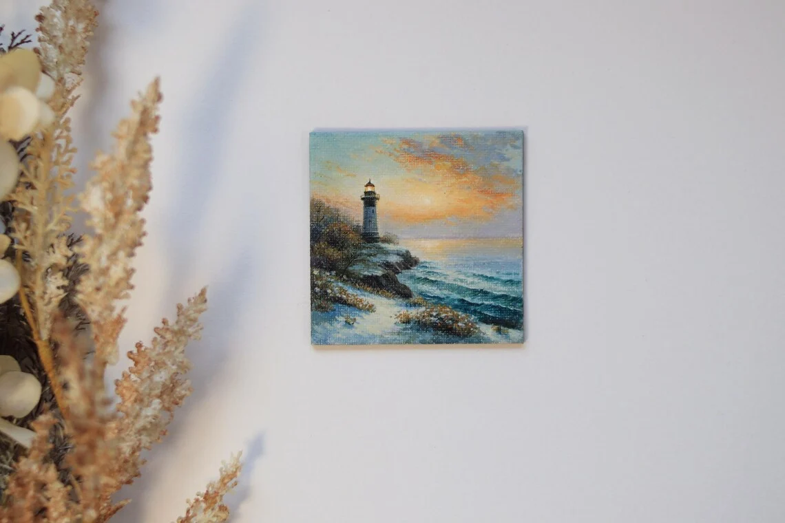 Mini Lighthouse Painting, Coastal Sunset Mini Art, Tiny Seascape Gift, Acrylic Magnet, Ocean, Nautical