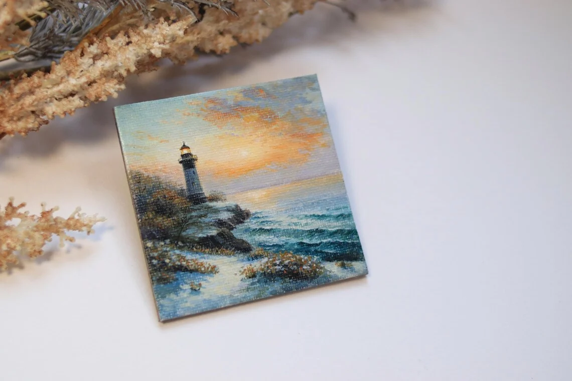 Mini Lighthouse Painting, Coastal Sunset Mini Art, Tiny Seascape Gift, Acrylic Magnet, Ocean, Nautical