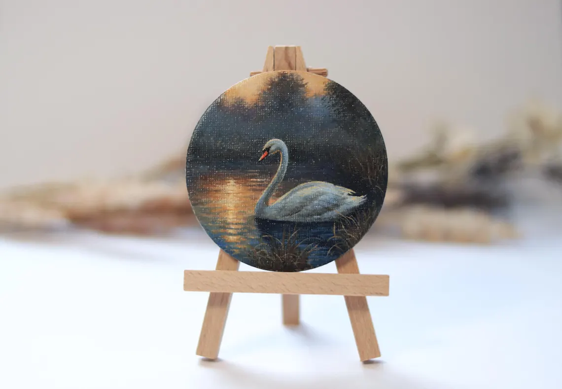Mini Swan Painting, Serene Lake Sunset Art, Tiny Nature Gift, Acrylic Miniature