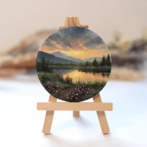 Mini Mountain Lake Painting, Sunset Landscape Mini Art