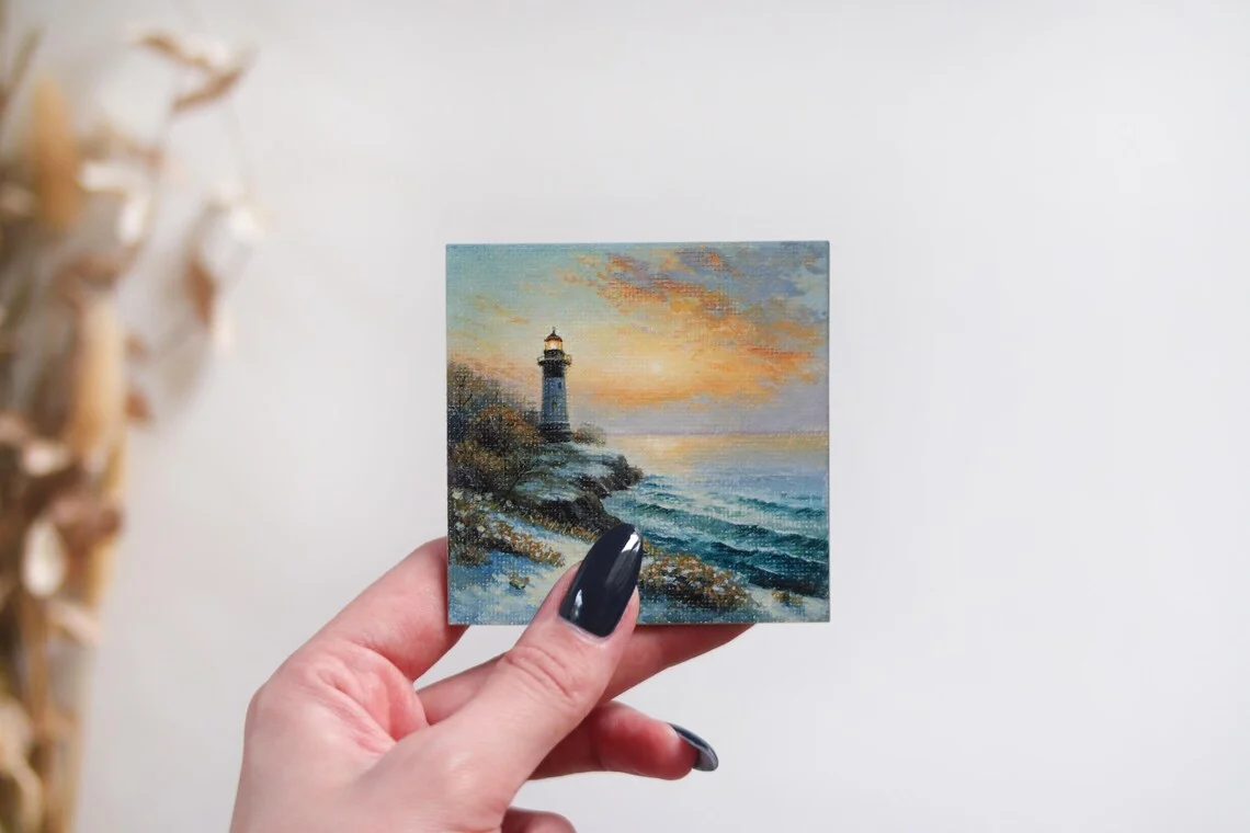 Mini Lighthouse Painting, Coastal Sunset Mini Art, Tiny Seascape Gift, Acrylic Magnet, Ocean, Nautical