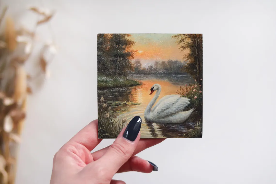 Mini Swan Painting, Peaceful Lake Sunset Art, Original Tiny Nature Artwork, Acrylic Miniature Gift