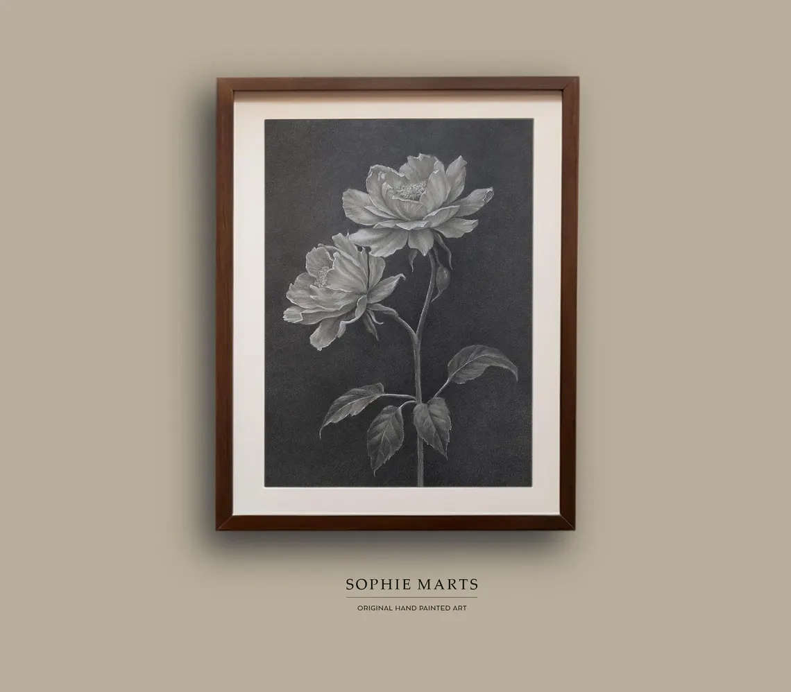 Botanical Flower Drawing, Original Pencil Art, Floral Illustration on Toned Paper, Framed Wall Art A4