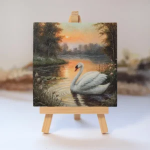 Mini Swan Painting, Peaceful Lake Sunset Art, Original Tiny Nature Artwork, Acrylic Miniature Gift