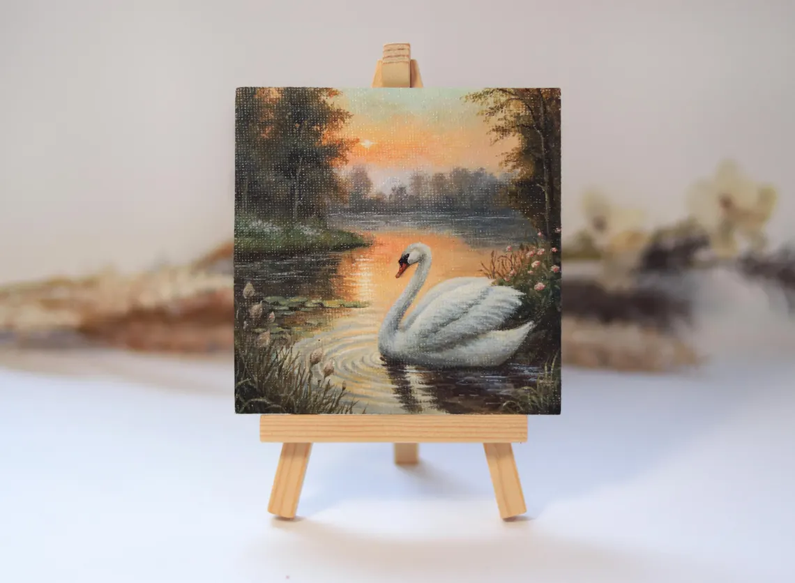 Mini Swan Painting, Peaceful Lake Sunset Art, Original Tiny Nature Artwork, Acrylic Miniature Gift