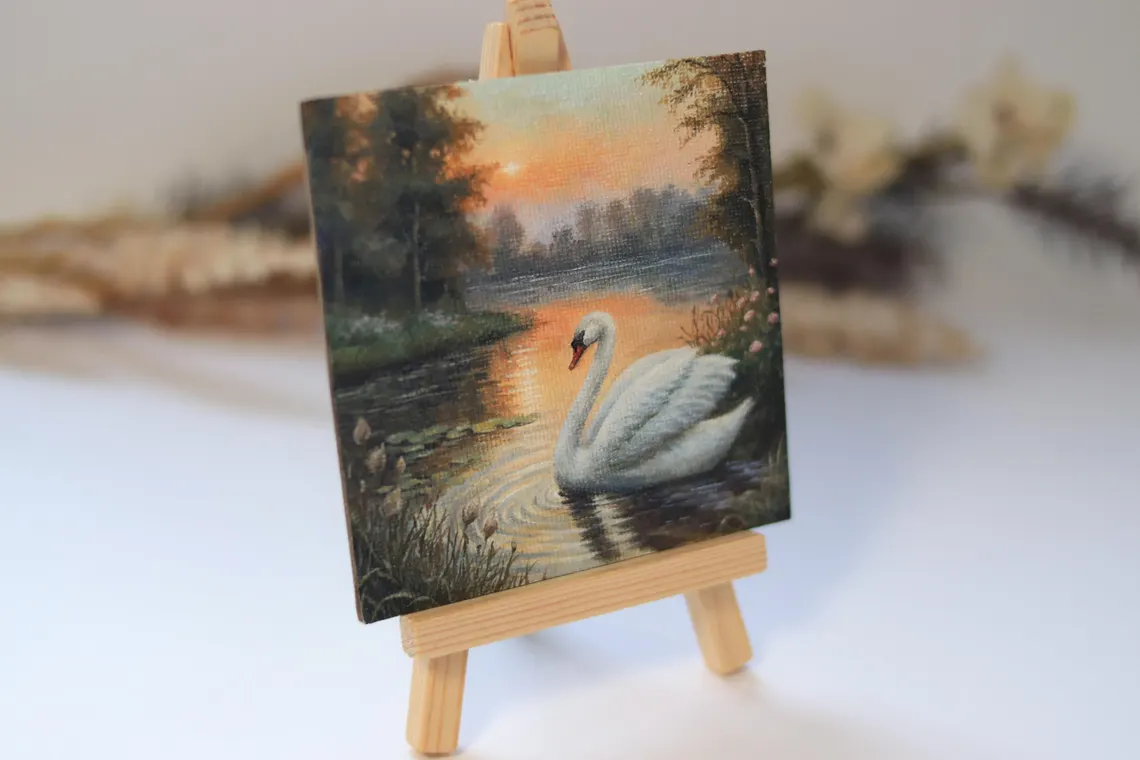 Mini Swan Painting, Peaceful Lake Sunset Art, Original Tiny Nature Artwork, Acrylic Miniature Gift