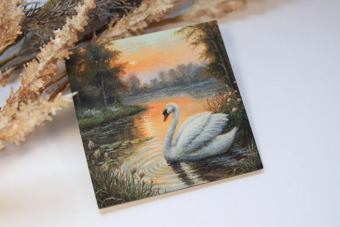 Mini Swan Painting, Peaceful Lake Sunset Art, Original Tiny Nature Artwork, Acrylic Miniature Gift