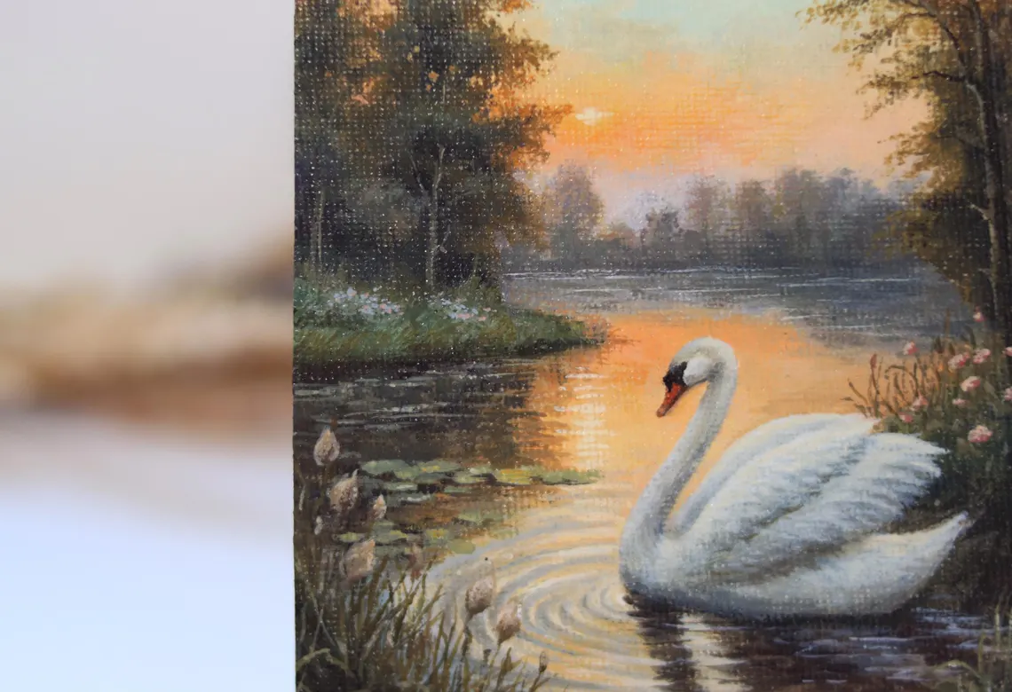 Mini Swan Painting, Peaceful Lake Sunset Art, Original Tiny Nature Artwork, Acrylic Miniature Gift