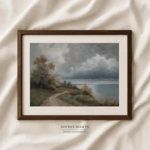 Framed lake path wall art, original moody landscape pastel drawing by Sophie Marts
