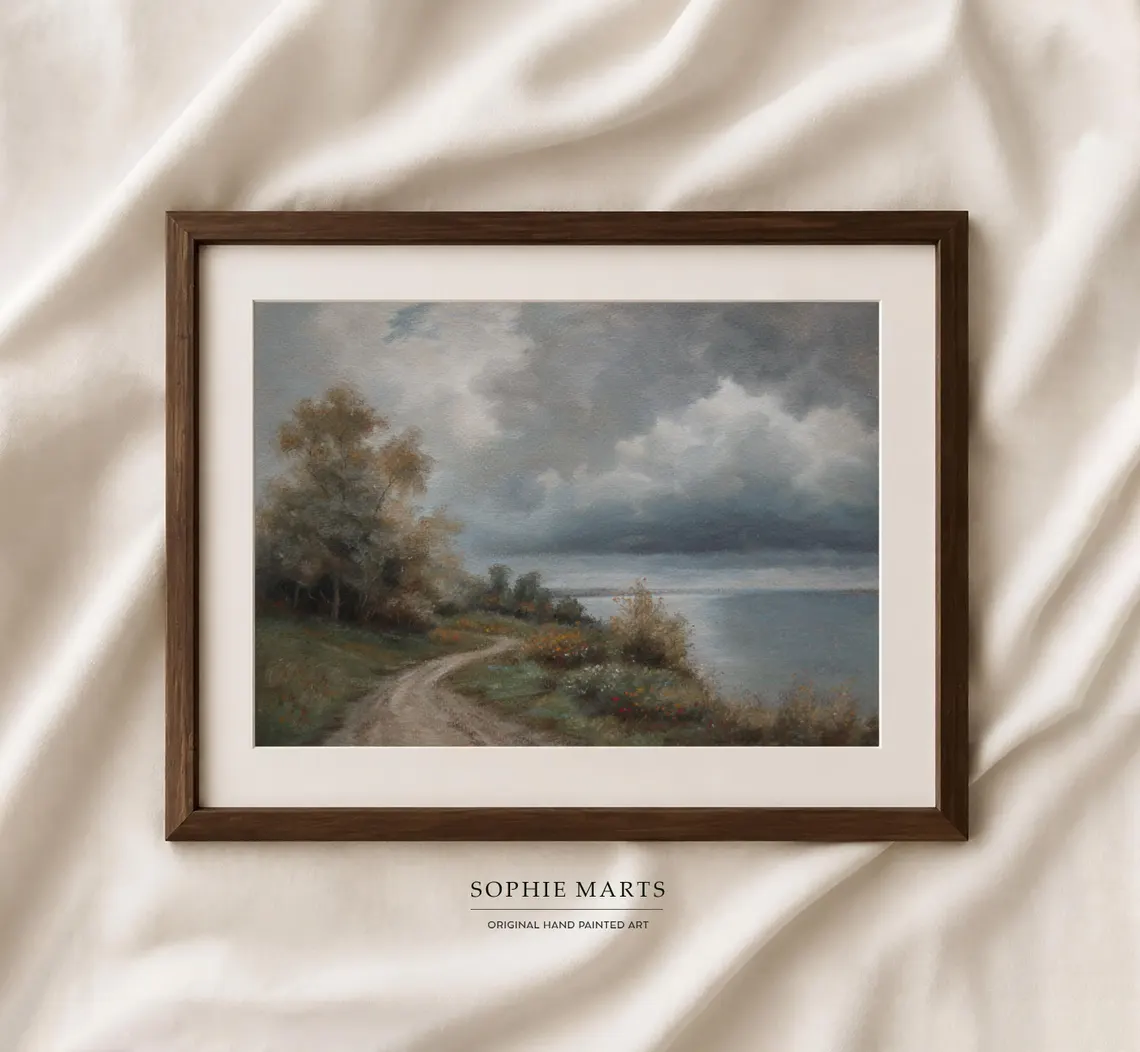Framed lake path wall art, original moody landscape pastel drawing by Sophie Marts