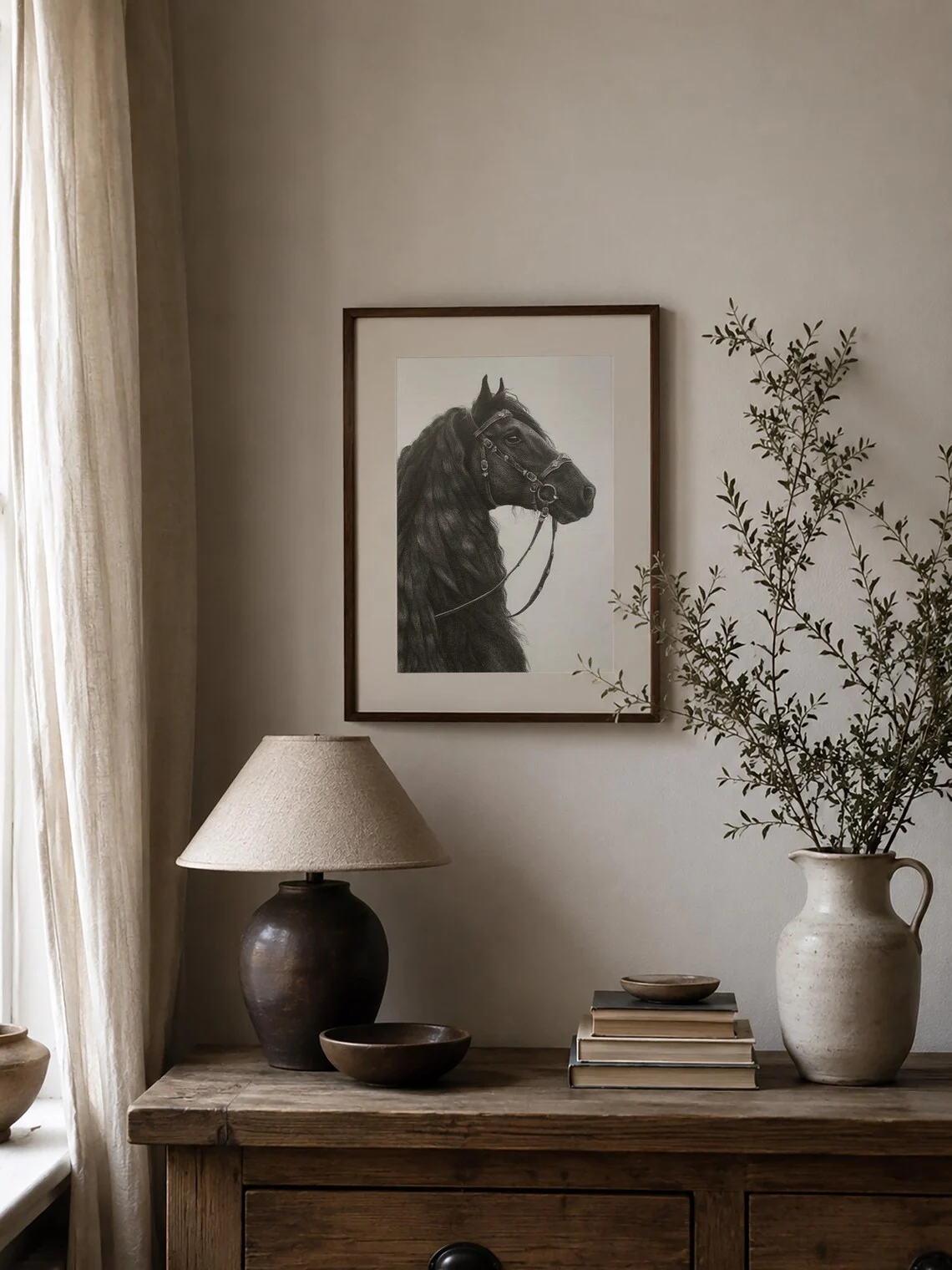 Framed Black Friesian Horse Graphite Drawing