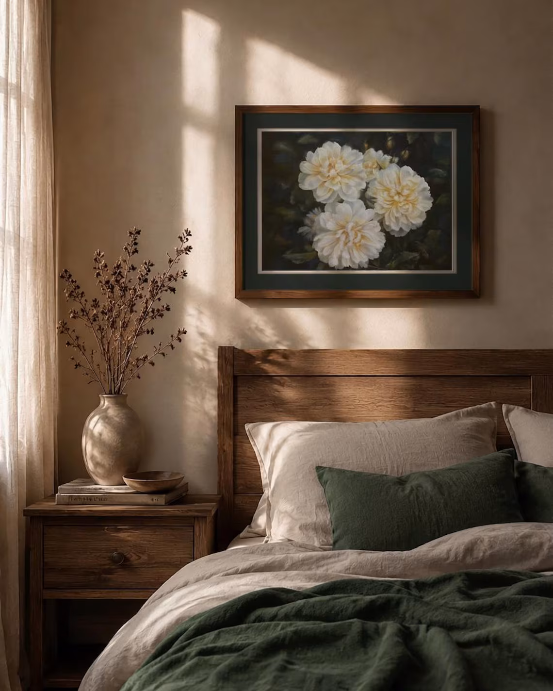 White peony pastel painting above bed, original framed floral artwork for cozy bedroom wall decor by Sophie Marts