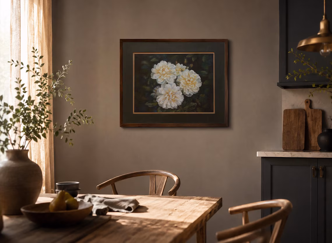 White peony pastel painting above dining table, original framed floral wall art in organic modern kitchen decor
