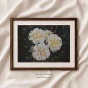 White peony pastel painting original, floral artwork on paper framed 38x28cm by Sophie Marts