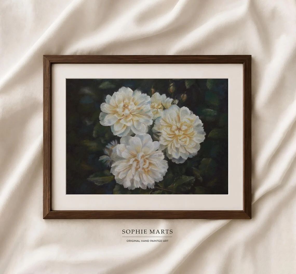 White peony pastel painting original, floral artwork on paper framed 38x28cm by Sophie Marts