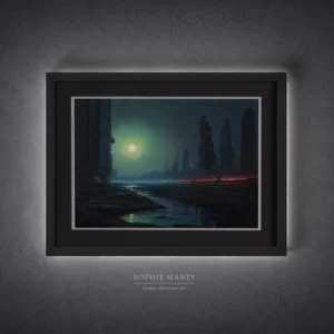 Emerald Dusk futuristic cityscape pastel painting, original retro sci-fi neon city art by Sophie Marts