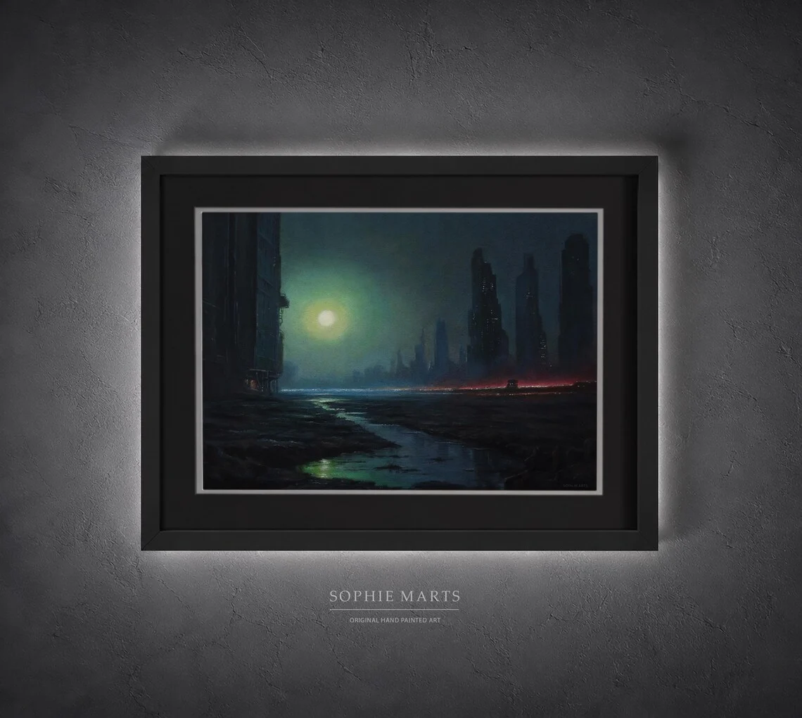 Emerald Dusk futuristic cityscape pastel painting, original retro sci-fi neon city art by Sophie Marts