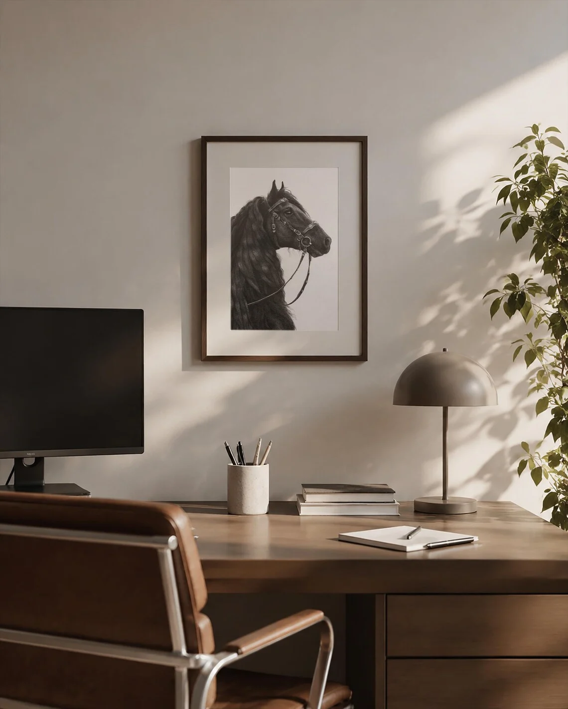 Framed Black Friesian Horse Graphite Drawing