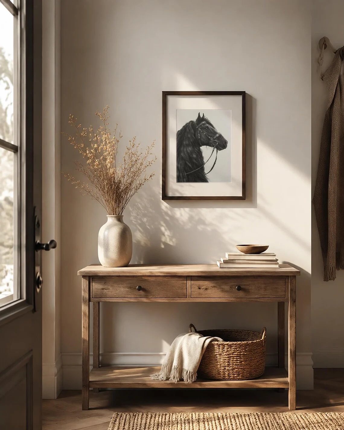Framed Black Friesian Horse Graphite Drawing