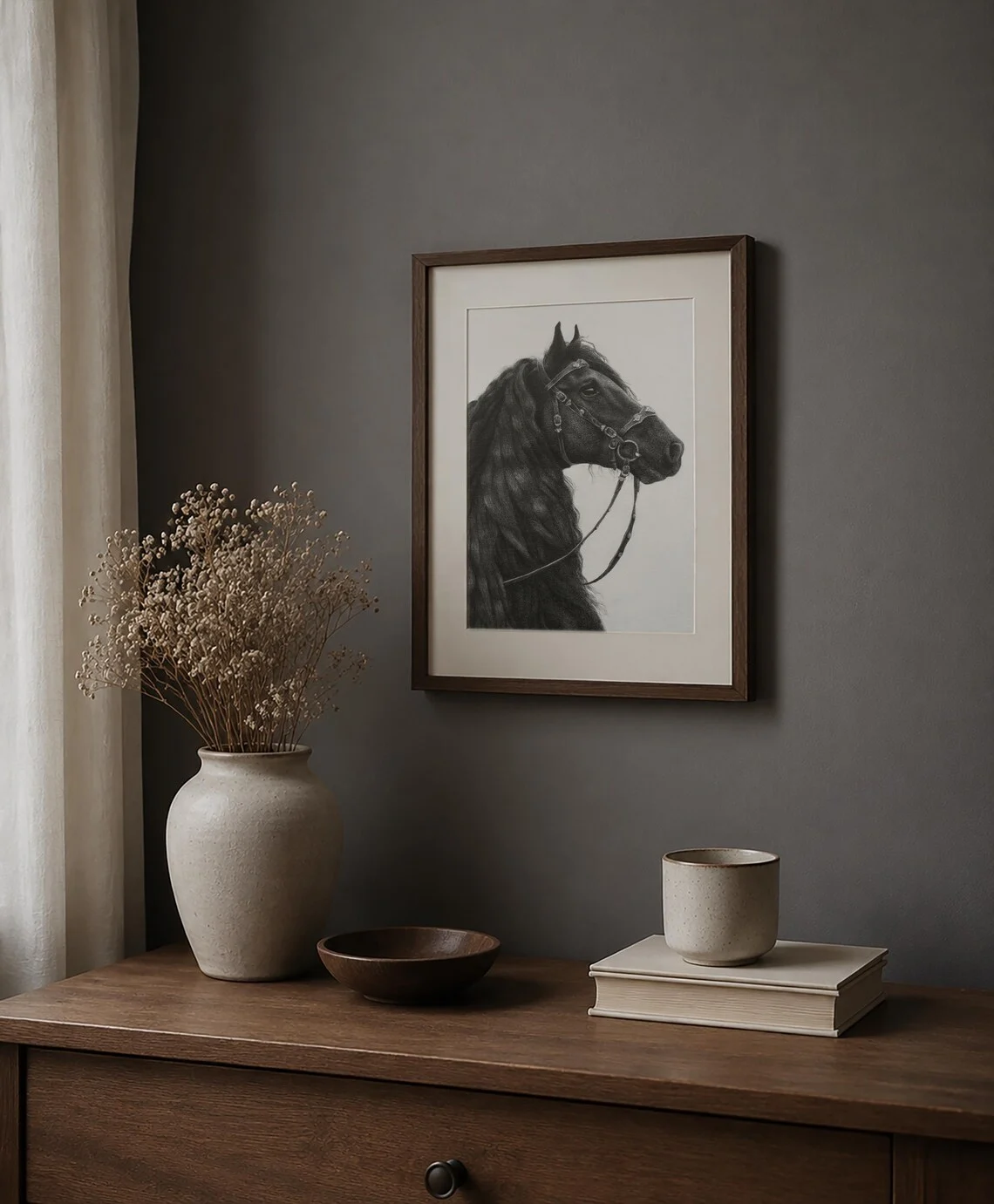Framed Black Friesian Horse Graphite Drawing