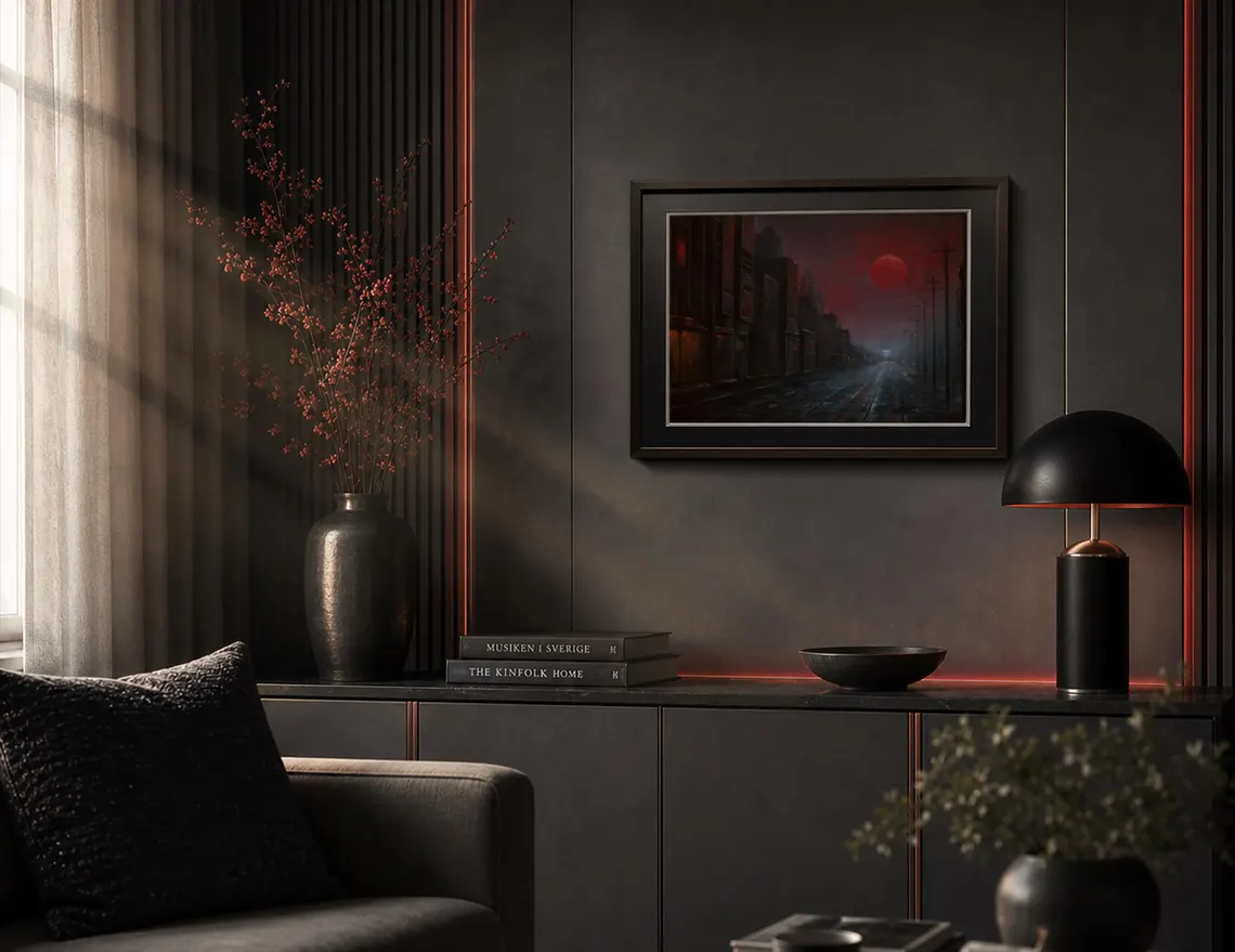 Crimson Moon original sci-fi pastel painting displayed in modern interior, cyberpunk art for gaming room wall decor