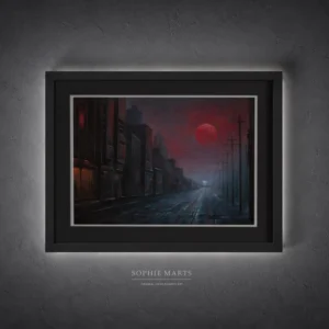 Crimson Moon cityscape pastel painting, original cyberpunk sci-fi landscape 38x27cm by Sophie Marts