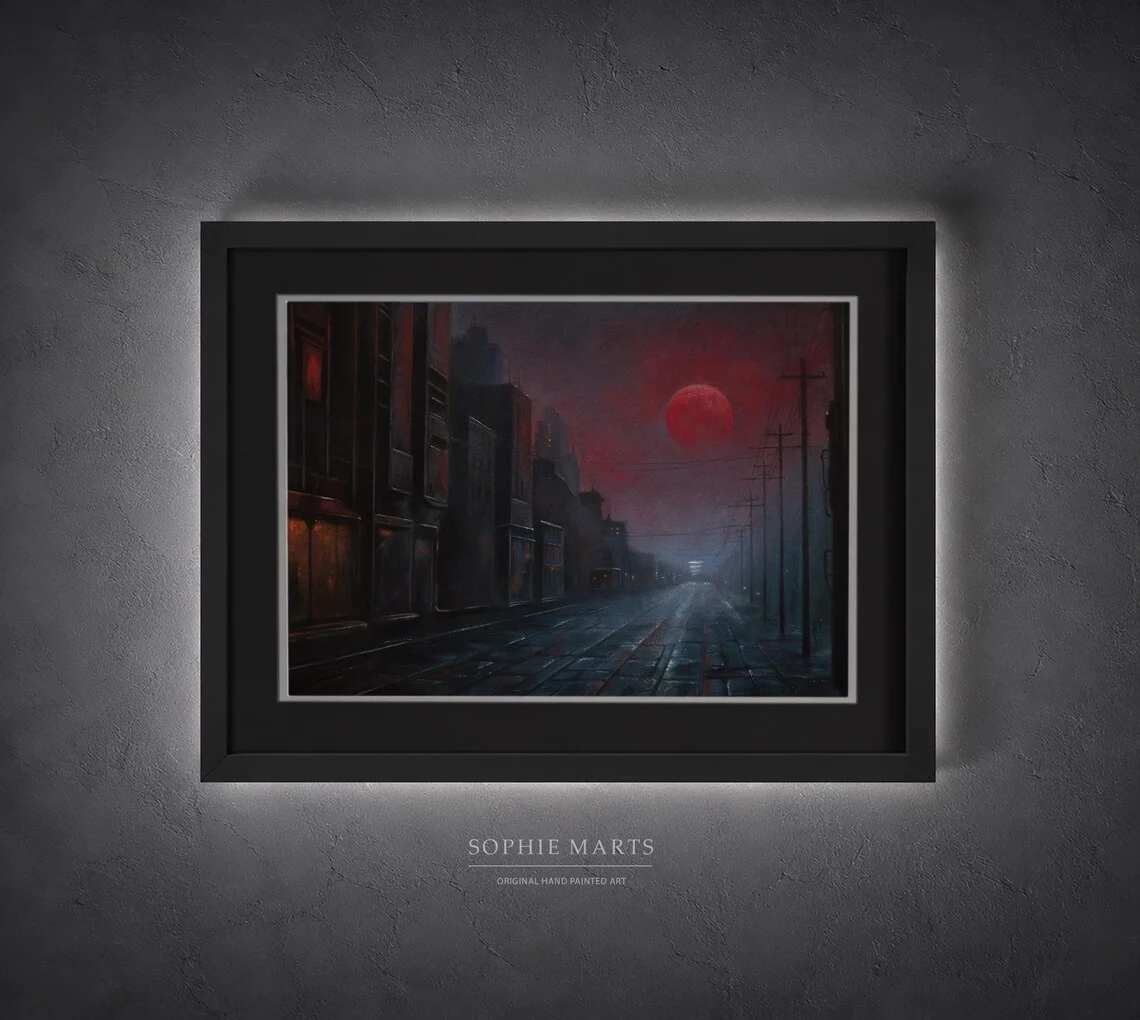 Crimson Moon cityscape pastel painting, original cyberpunk sci-fi landscape 38x27cm by Sophie Marts