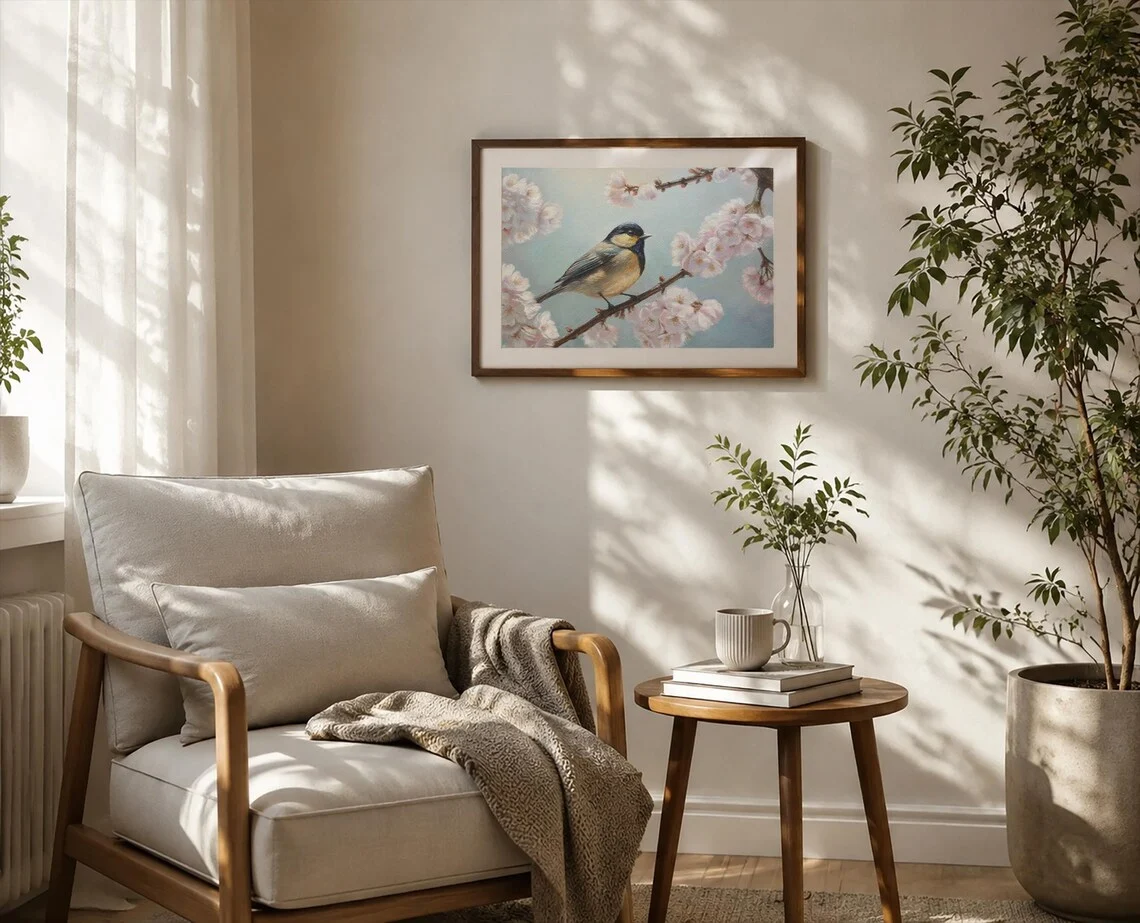 Great tit cherry blossom painting displayed in interior, original botanical bird art for nature-inspired bedroom wall