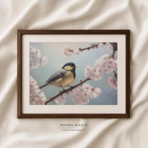 Great tit cherry blossom pastel painting, original spring bird art 32x23cm by Sophie Marts