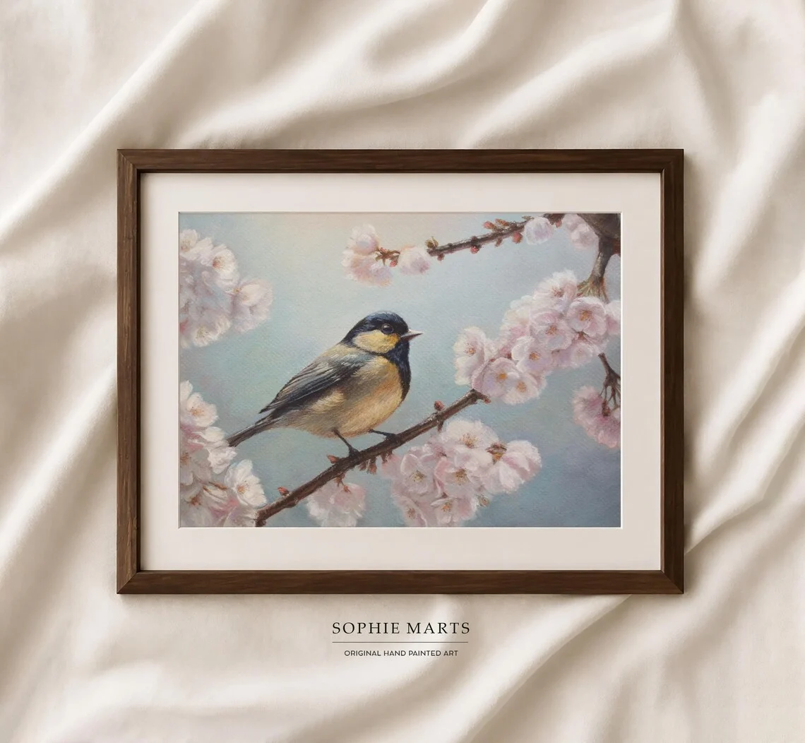 Great tit cherry blossom pastel painting, original spring bird art 32x23cm by Sophie Marts