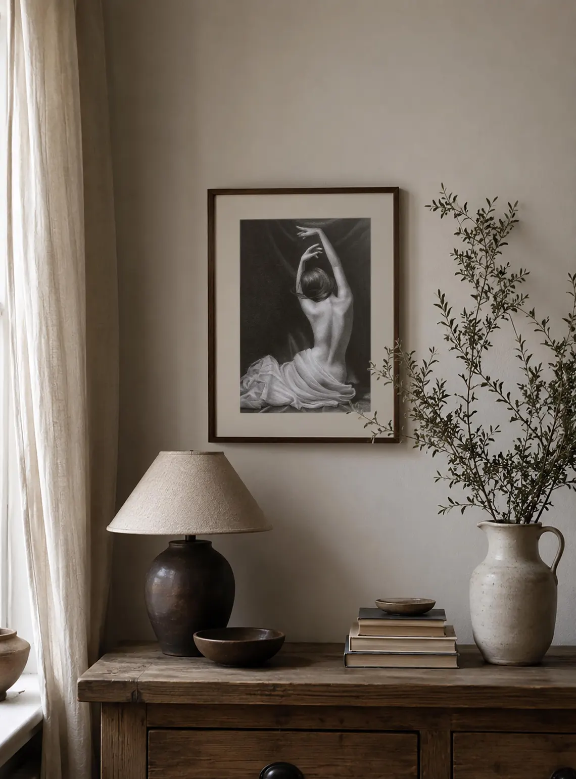 Classical graphite figure drawing on wall, original female back art for minimalist bedroom or studio decor
