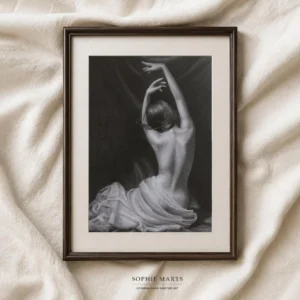 Original graphite figure drawing, elegant female back art A4 framed classical pencil artwork by Sophie Marts