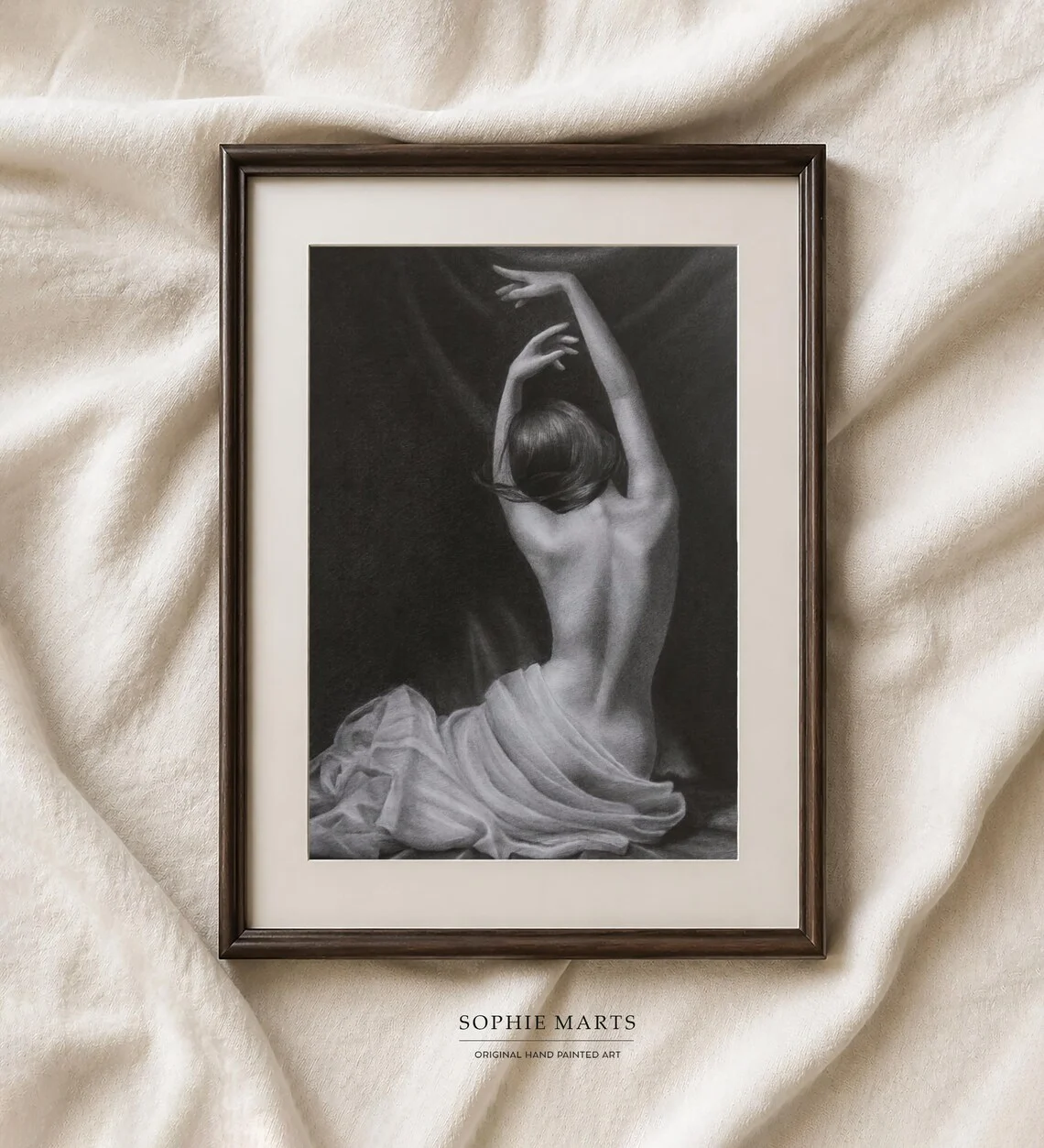 Original graphite figure drawing, elegant female back art A4 framed classical pencil artwork by Sophie Marts